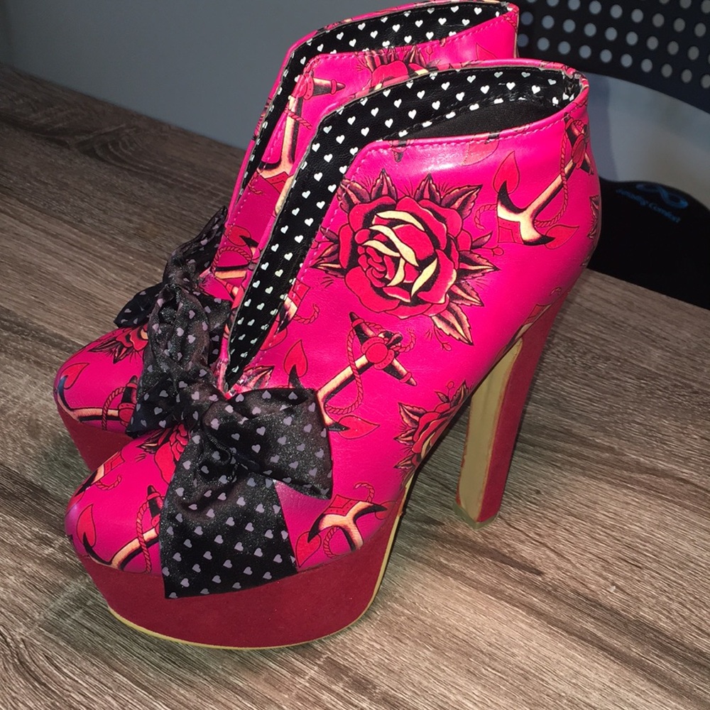 Pink/Red Iron Fist High Heels with Anchors &Roses